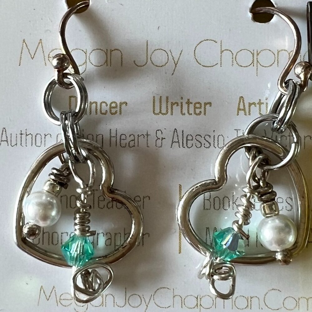 Sterling Heart Earrings with Aqua Green Crystal and Pearl NWT Megan Joy Chapman
